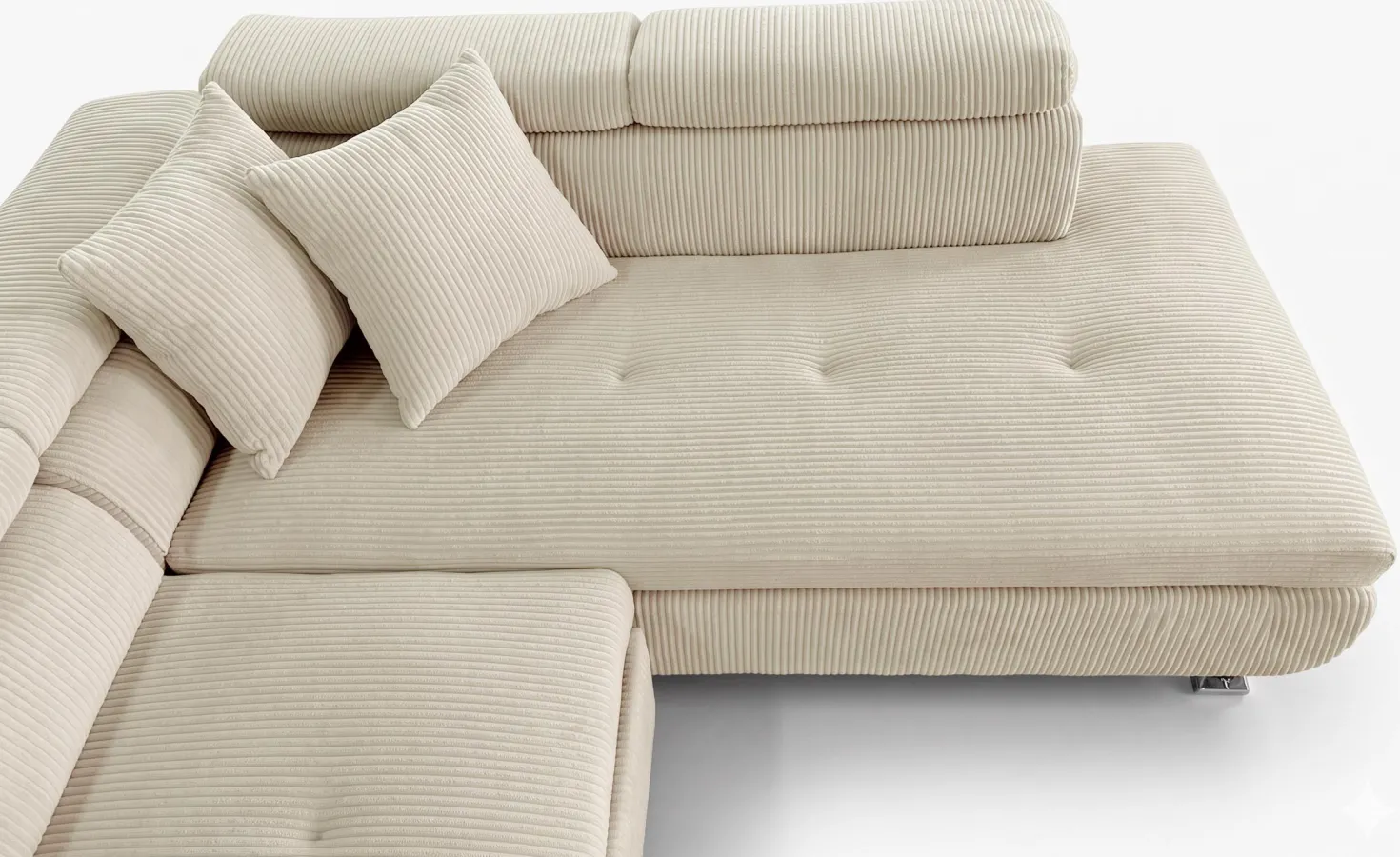 Canapé d'angle convertible Antoni avec têtières relevables angle à droite Velours côtelé Beige