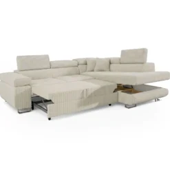 Canapé d'angle convertible Antoni avec têtières relevables angle à droite Velours côtelé Beige