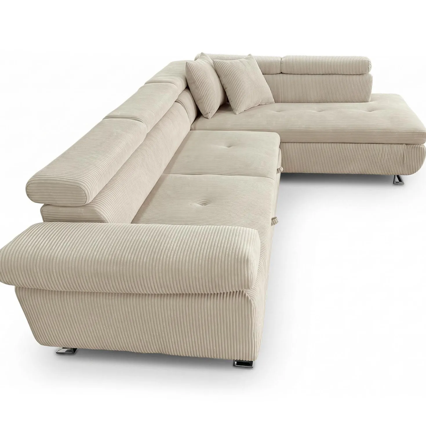 Canapé d'angle convertible Antoni avec têtières relevables angle à droite Velours côtelé Beige