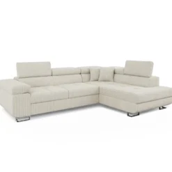 Canapé d'angle convertible Antoni avec têtières relevables angle à droite Velours côtelé Beige
