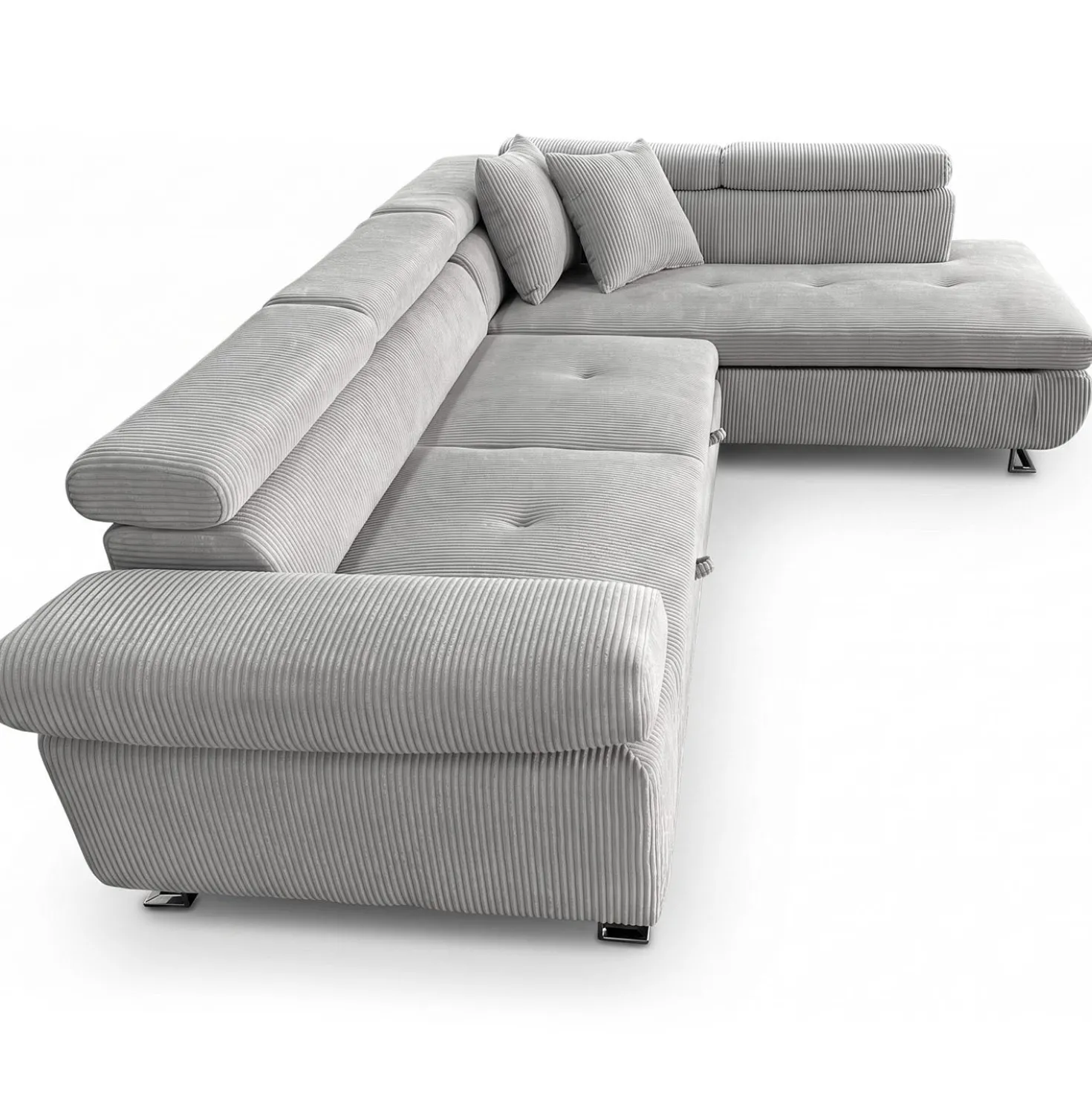 Canapé d'angle convertible Antoni avec têtières relevables angle à droite Velours côtelé Gris