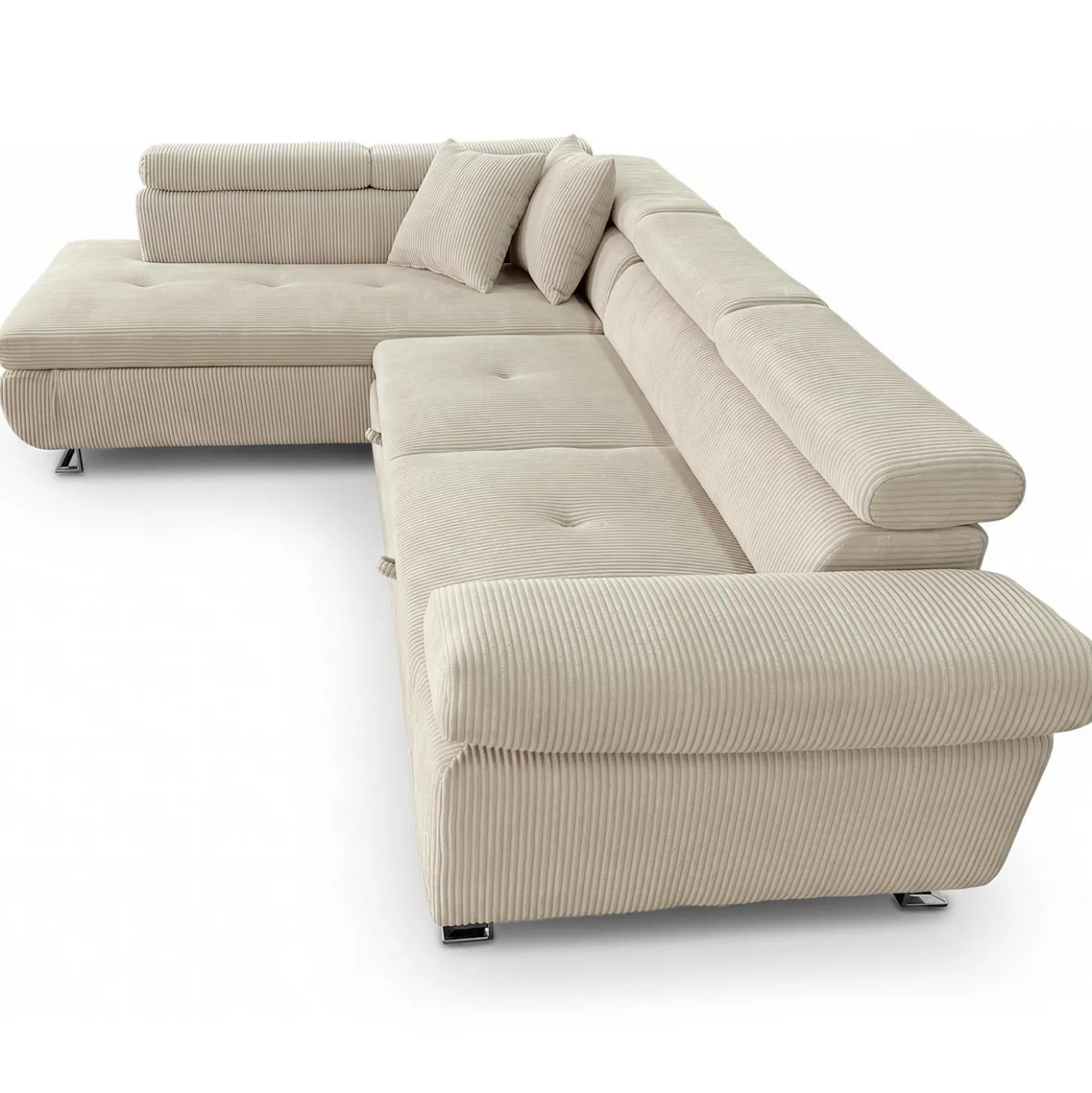 Canapé d'angle convertible Antoni avec têtières relevables angle à gauche Velours côtelé Beige