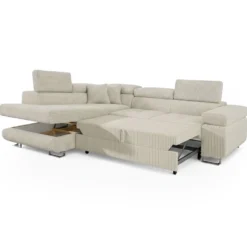 Canapé d'angle convertible Antoni avec têtières relevables angle à gauche Velours côtelé Beige