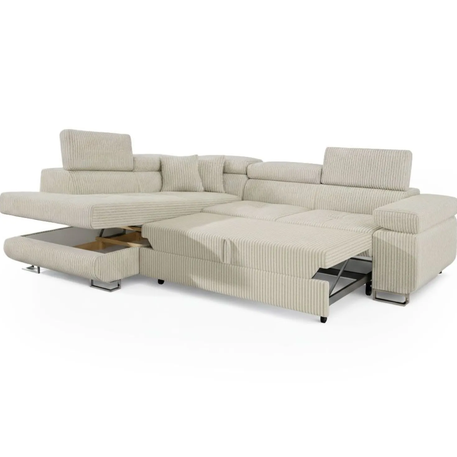 Canapé d'angle convertible Antoni avec têtières relevables angle à gauche Velours côtelé Beige