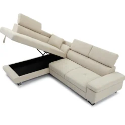 Canapé d'angle convertible Antoni avec têtières relevables angle à gauche Velours côtelé Beige