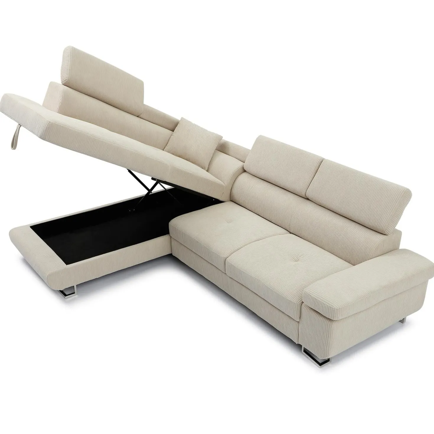 Canapé d'angle convertible Antoni avec têtières relevables angle à gauche Velours côtelé Beige