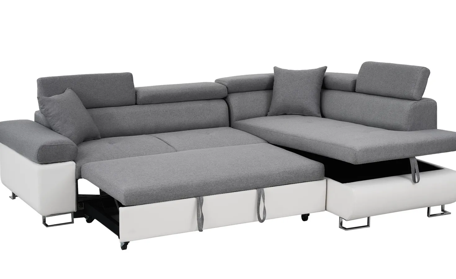 Canapé d'angle convertible Antoni avec têtières relevables angle à droite simili Blanc et tissus Gris clair