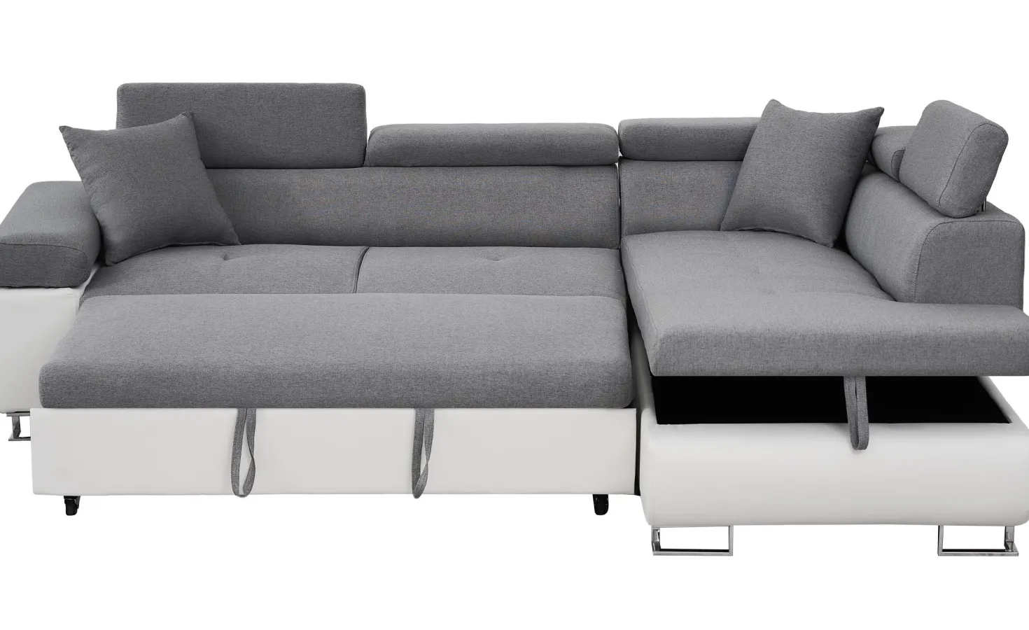 Canapé d'angle convertible Antoni avec têtières relevables angle à droite simili Blanc et tissus Gris clair