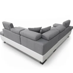 Canapé d'angle convertible Antoni avec têtières relevables angle à droite simili Blanc et tissus Gris clair