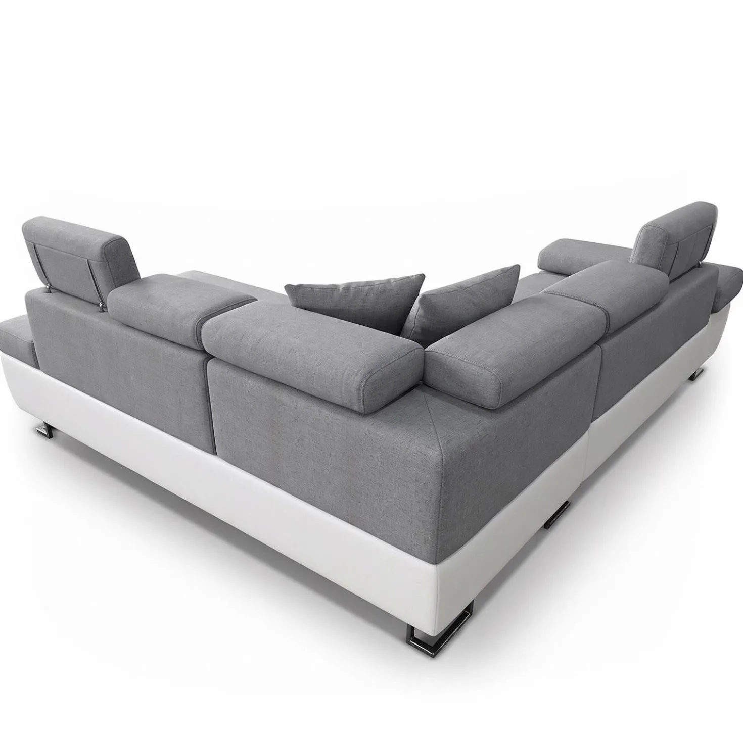 Canapé d'angle convertible Antoni avec têtières relevables angle à droite simili Blanc et tissus Gris clair