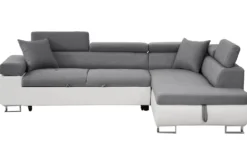Canapé d'angle convertible Antoni avec têtières relevables angle à droite simili Blanc et tissus Gris clair