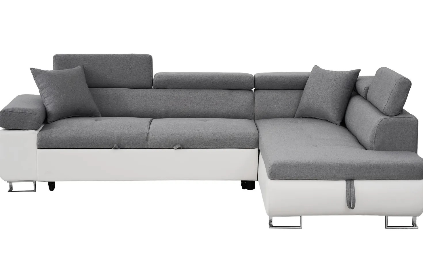 Canapé d'angle convertible Antoni avec têtières relevables angle à droite simili Blanc et tissus Gris clair