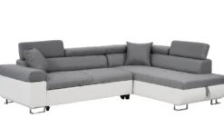 Canapé d'angle convertible Antoni avec têtières relevables angle à droite simili Blanc et tissus Gris clair