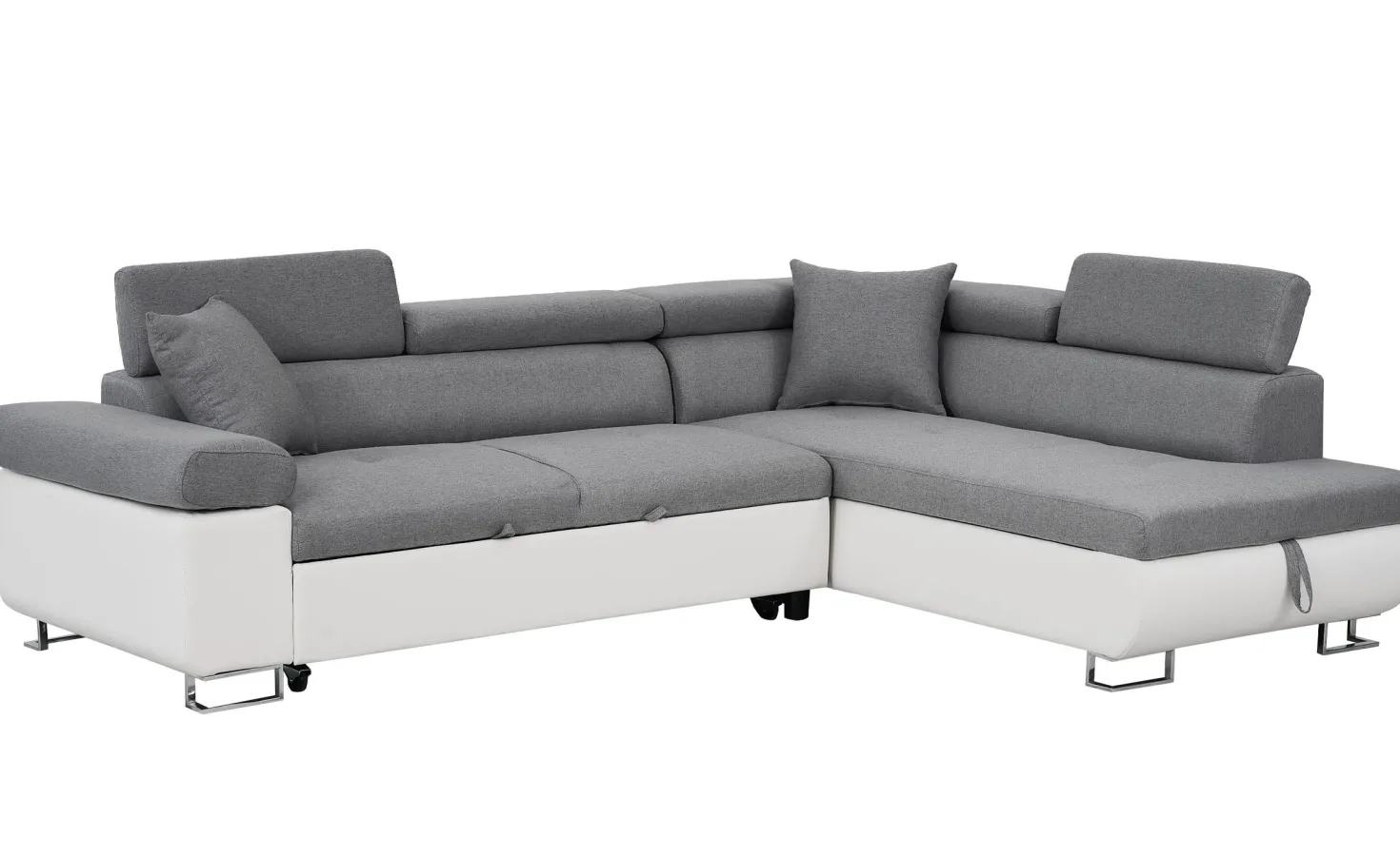 Canapé d'angle convertible Antoni avec têtières relevables angle à droite simili Blanc et tissus Gris clair