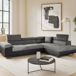 Canapé d'angle convertible Antoni avec têtières relevables Simili Noir et Tissu Gris foncé