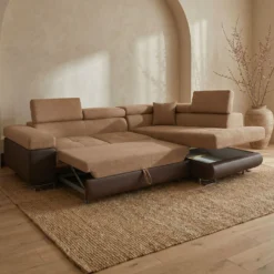 Canapé d'angle convertible Antoni avec têtières relevables angle à droite simili Marron et tissu Marron