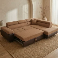 Canapé d'angle convertible Antoni avec têtières relevables angle à droite simili Marron et tissu Marron