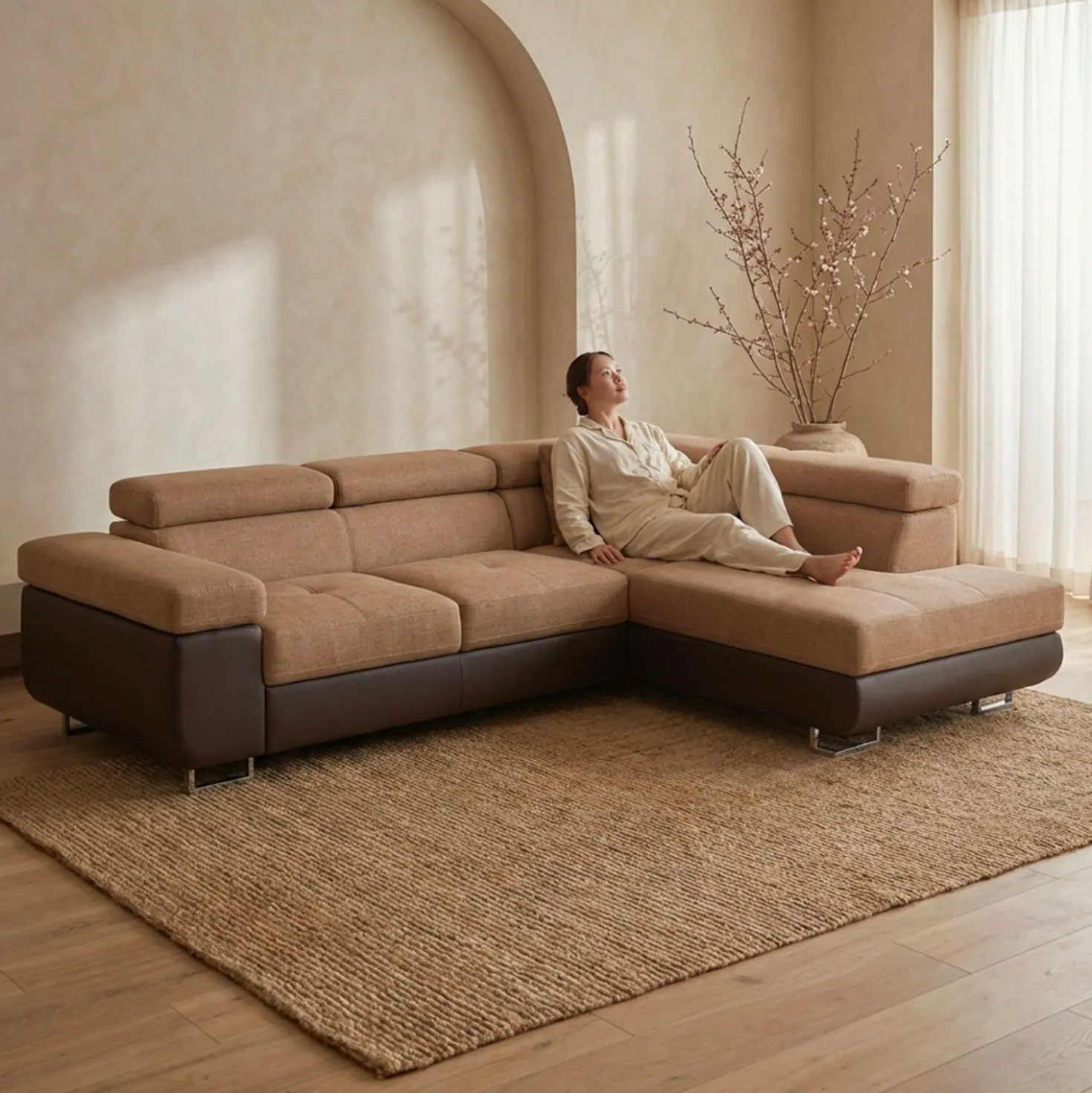 Canapé d'angle convertible Antoni avec têtières relevables angle à droite simili Marron et tissu Marron