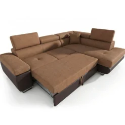 Canapé d'angle convertible Antoni avec têtières relevables angle à droite simili Marron et tissu Marron