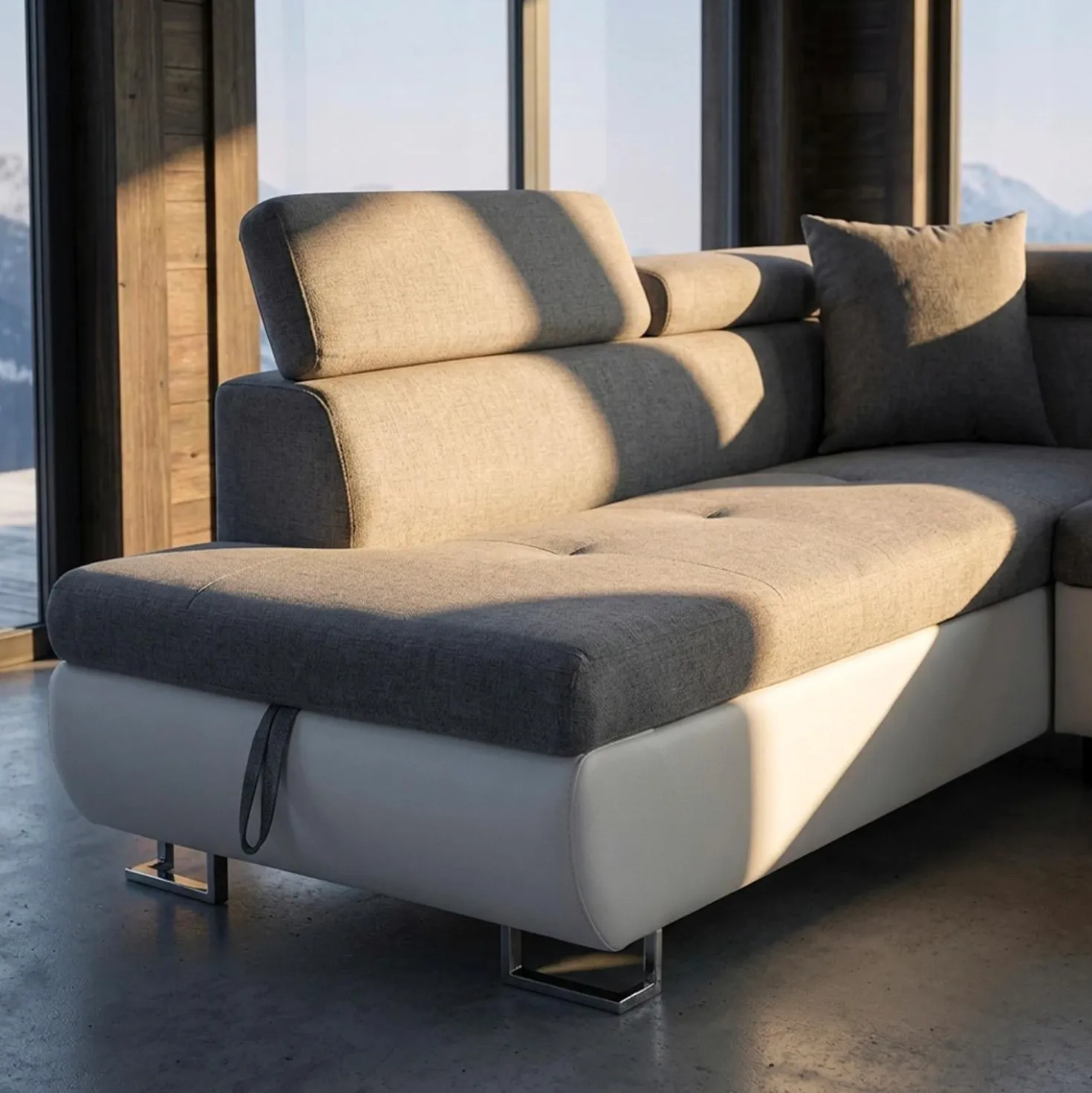Canapé d'angle convertible Antoni avec têtières relevables angle gauche simili Blanc et tissus Gris clair