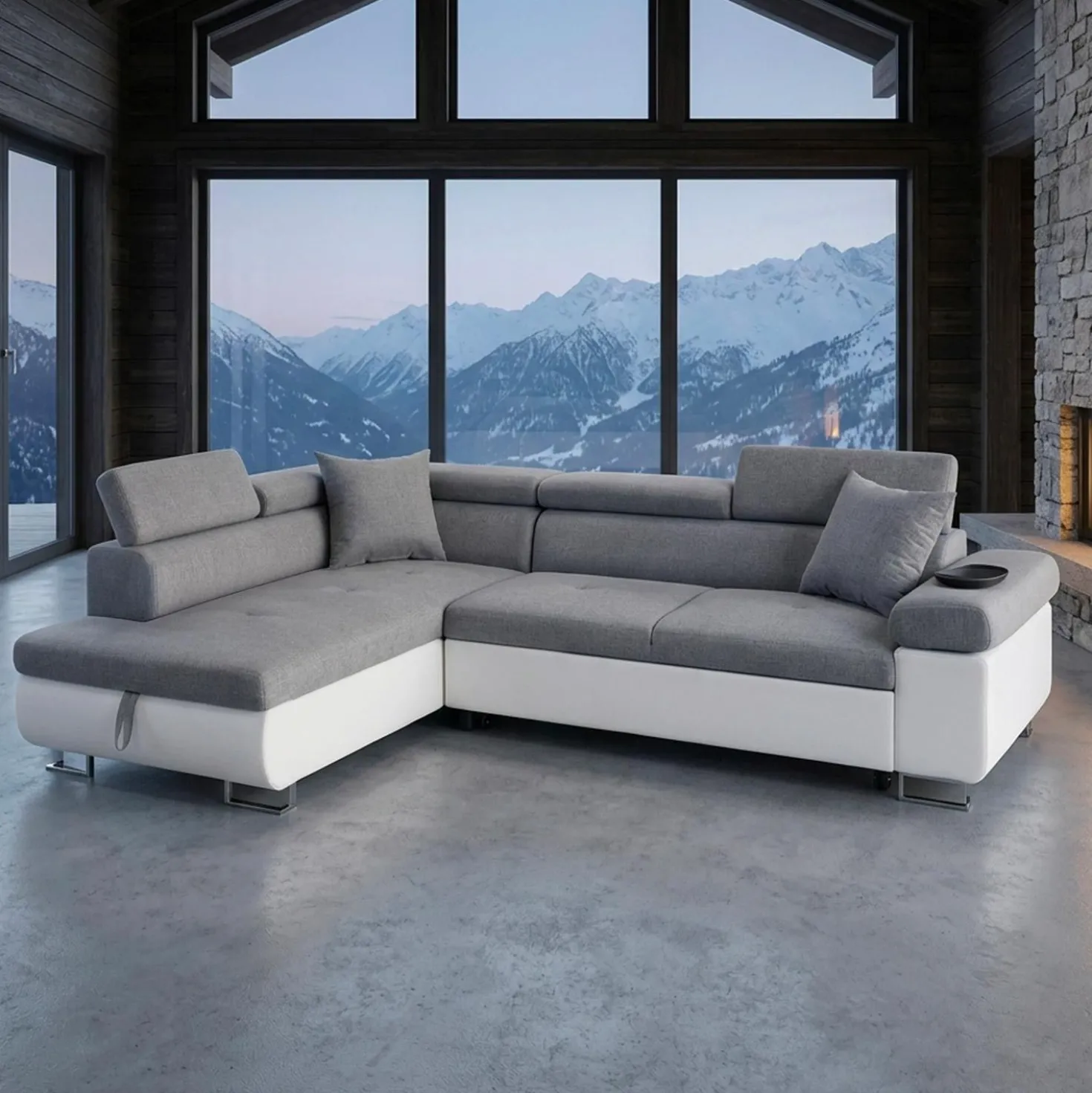 Canapé d'angle convertible Antoni avec têtières relevables angle gauche simili Blanc et tissus Gris clair