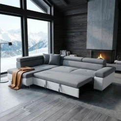 Canapé d'angle convertible Antoni avec têtières relevables angle gauche simili Blanc et tissus Gris clair
