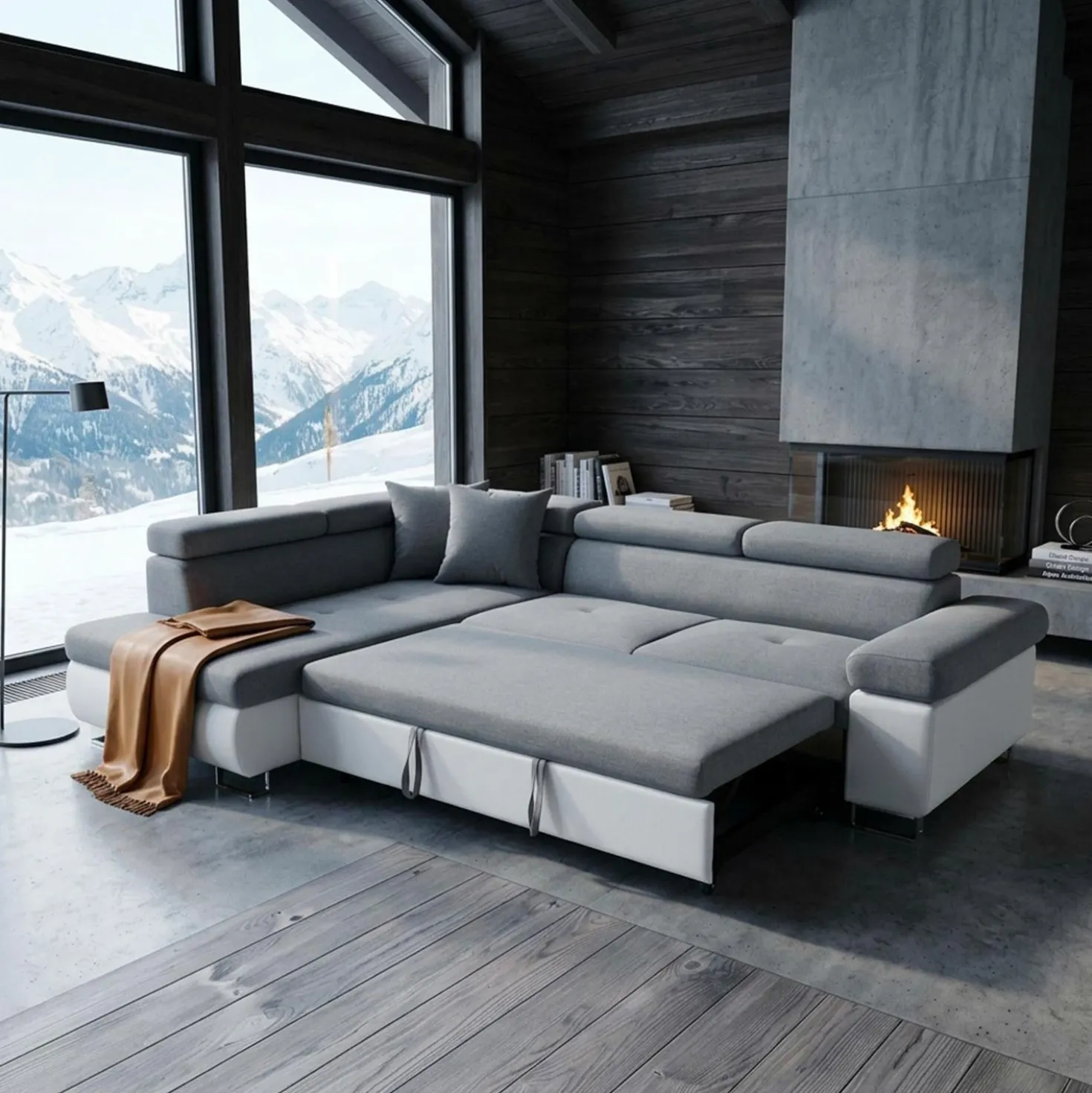 Canapé d'angle convertible Antoni avec têtières relevables angle gauche simili Blanc et tissus Gris clair