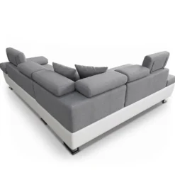 Canapé d'angle convertible Antoni avec têtières relevables angle gauche simili Blanc et tissus Gris clair