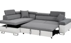 Canapé d'angle convertible Antoni avec têtières relevables angle gauche simili Blanc et tissus Gris clair