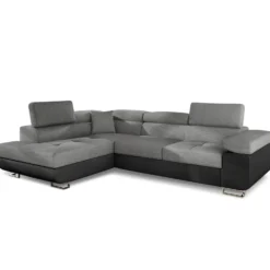 Canapé d'angle convertible Antoni avec têtières relevables Simili Noir et Tissu Gris foncé