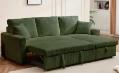 Canapé d’angle convertible avec coffre de rangement réversible Toledo Velours côtelé Vert