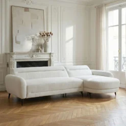 Canapé d'angle convertible avec méridienne arrondie Milord Tissu texturé Crème