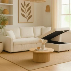 Canapé d’angle convertible avec coffre de rangement réversible Toledo Velours côtelé Beige