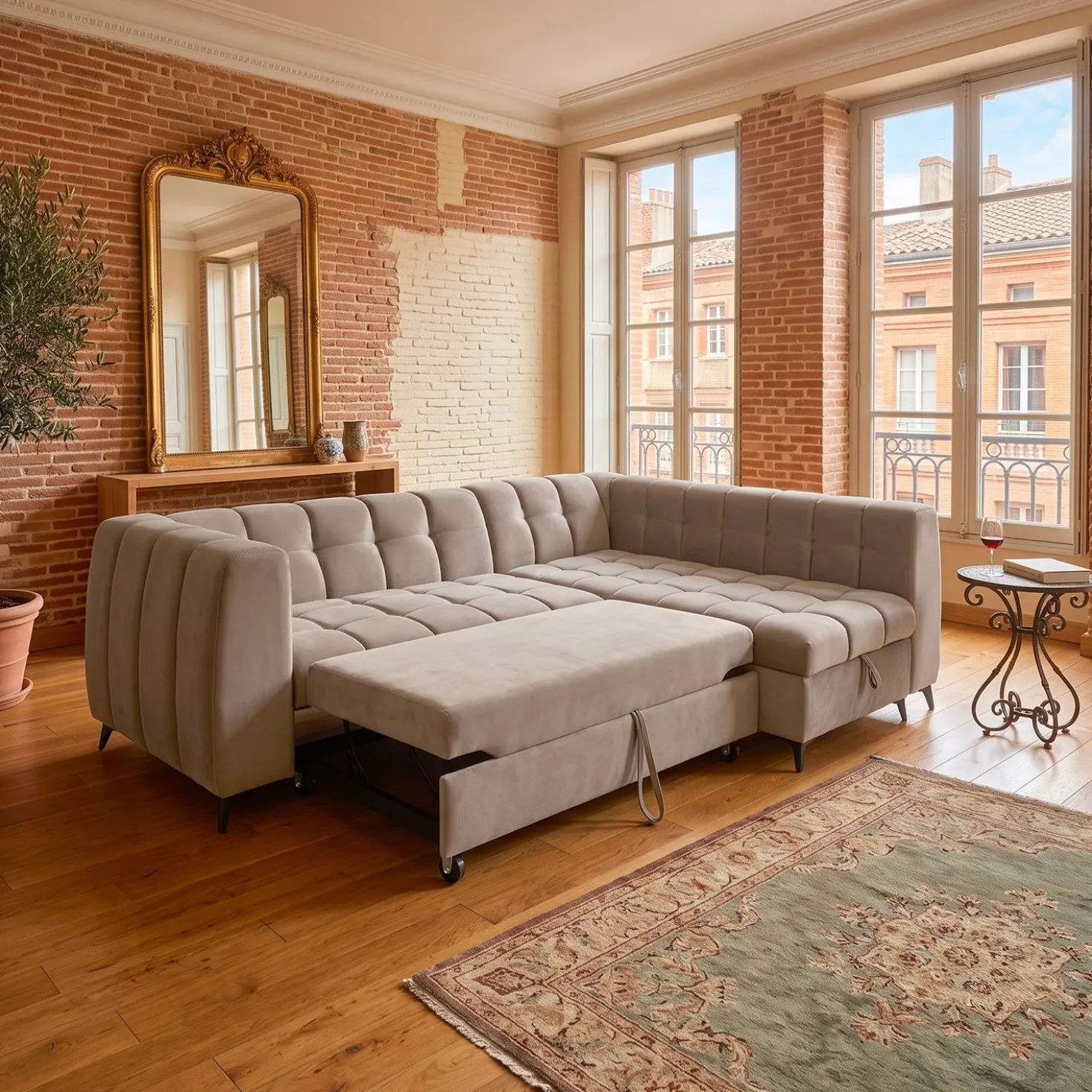Canapé d'angle convertible Chessy Velours Taupe
