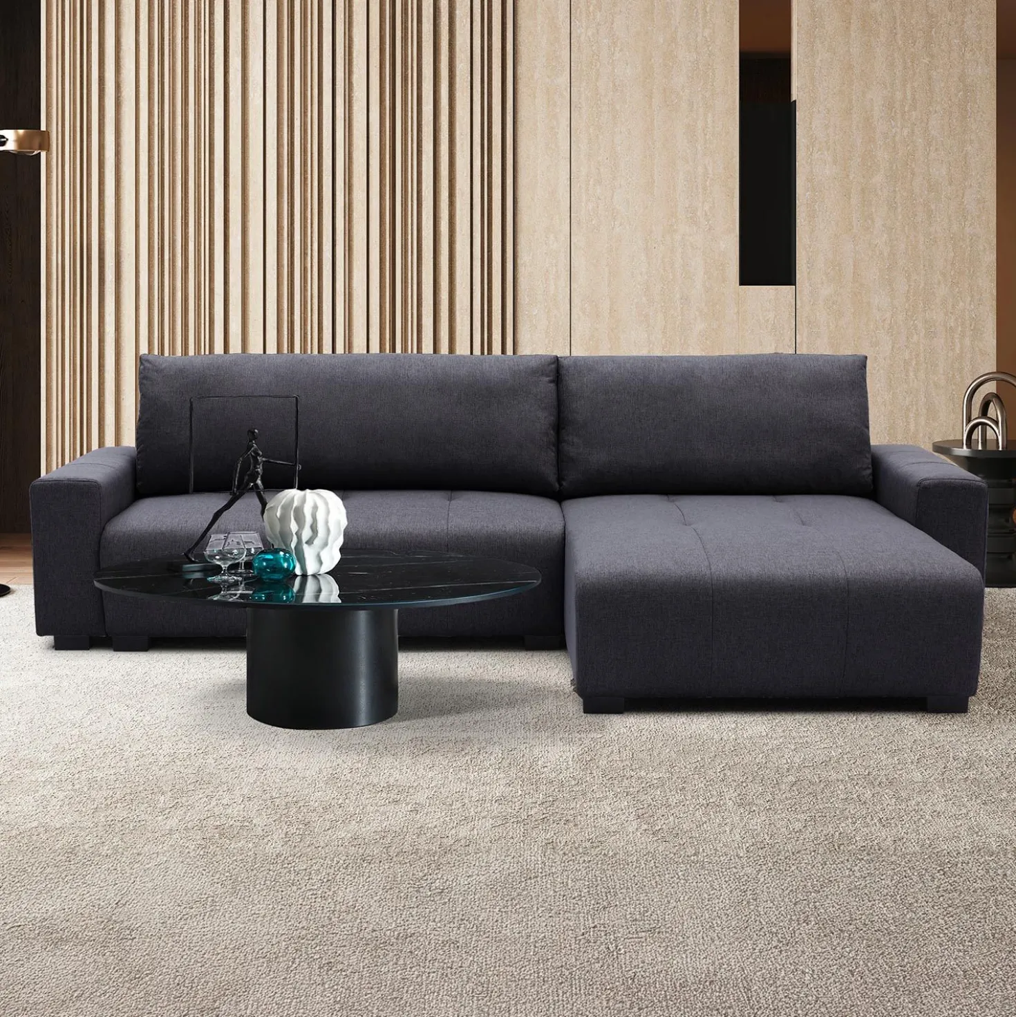 Canapé d'angle convertible élégant Malone Tissu Noir