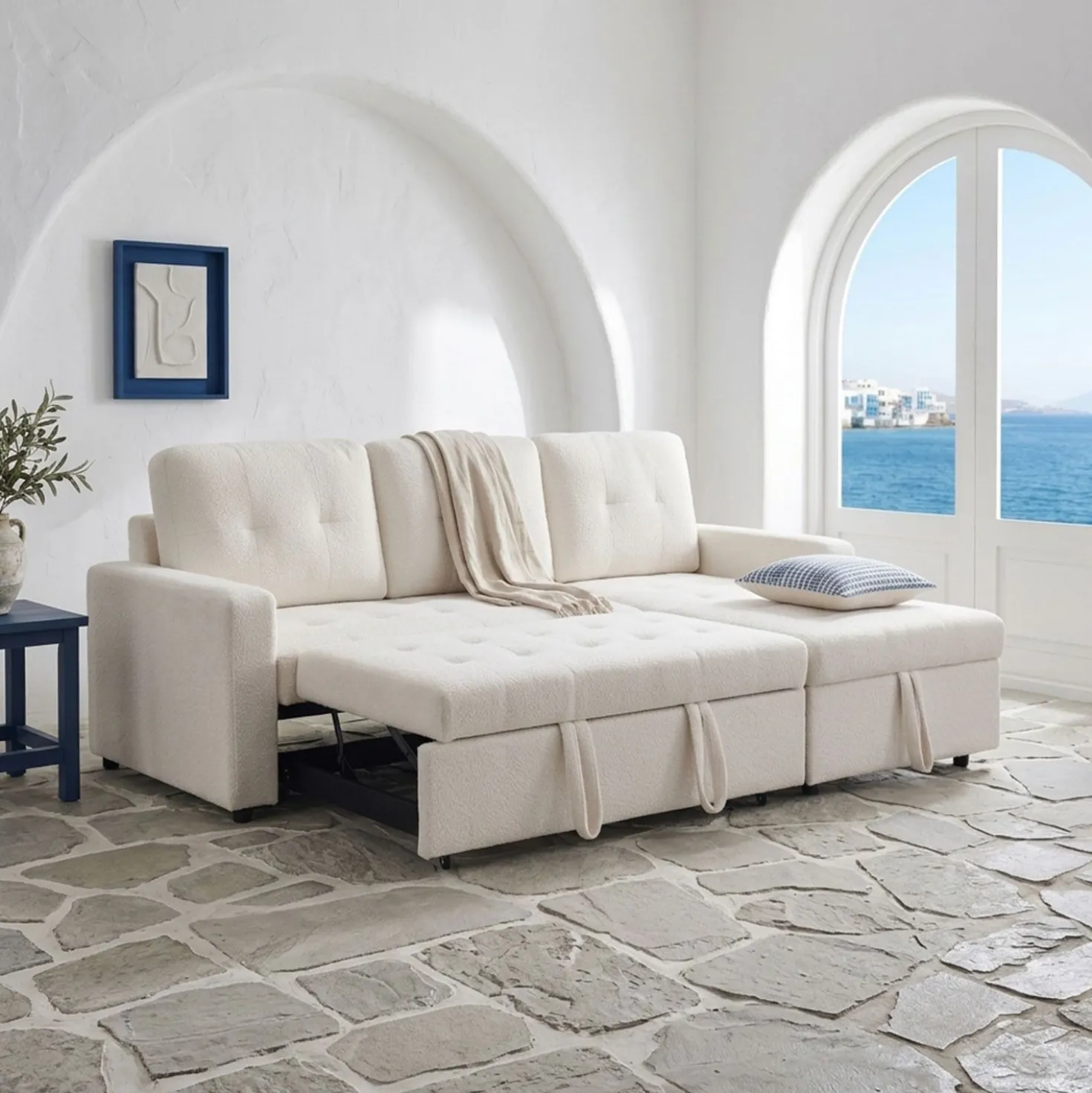 Canapé d'angle convertible Toledo Tissu Bouclette Crème