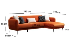 Canapé d'angle à droite convertible avec 3 coussins Vesna Velours Orange
