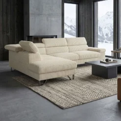 Canapé d'angle à gauche avec têtières relevables Quentin Velours côtelé Beige