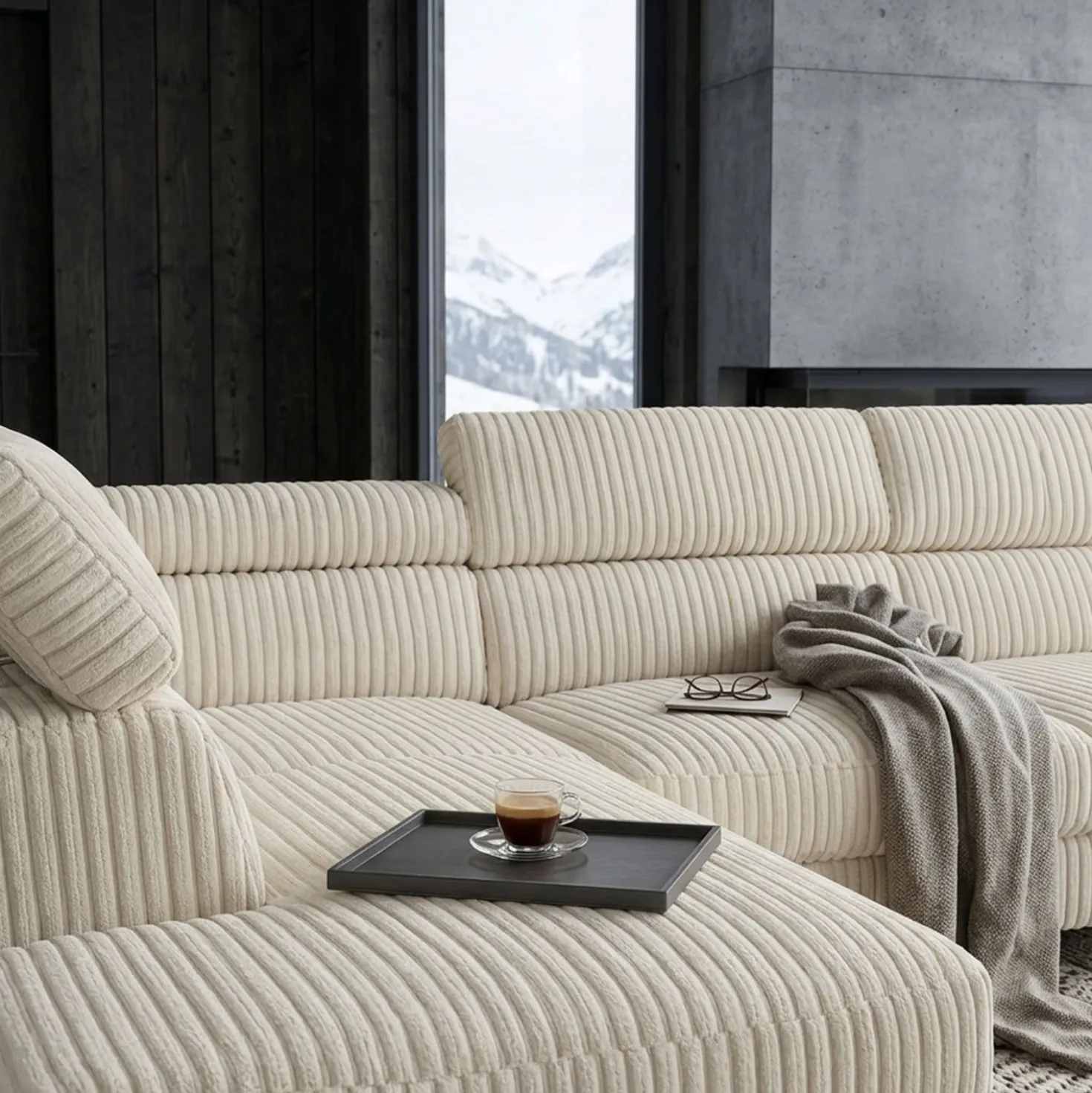 Canapé d'angle à gauche avec têtières relevables Quentin Velours côtelé Beige