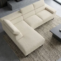 Canapé d'angle à gauche avec têtières relevables Quentin Velours côtelé Beige