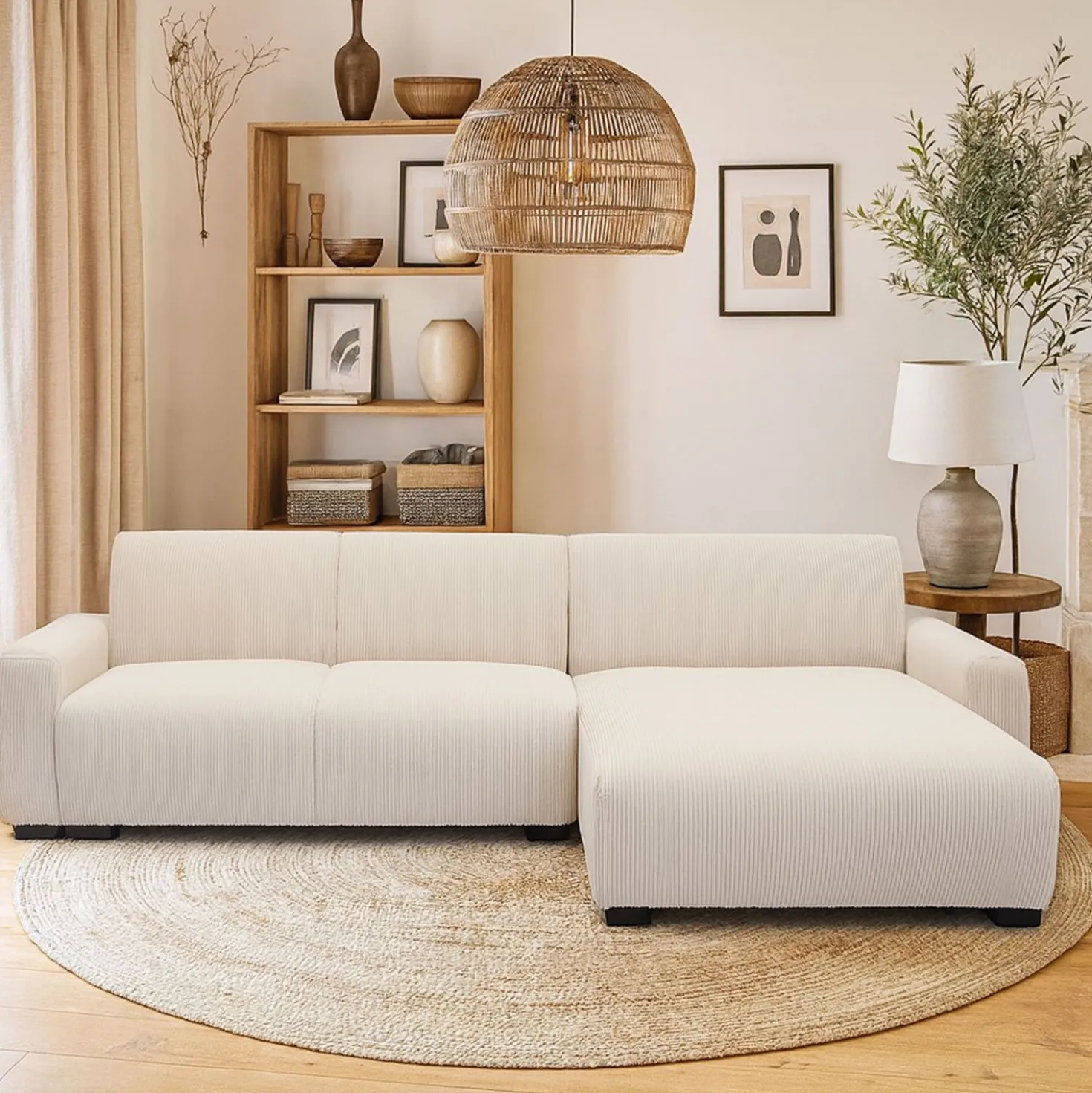 Canapé d'angle moderne 287cm Wallis Velours côtelé Crème