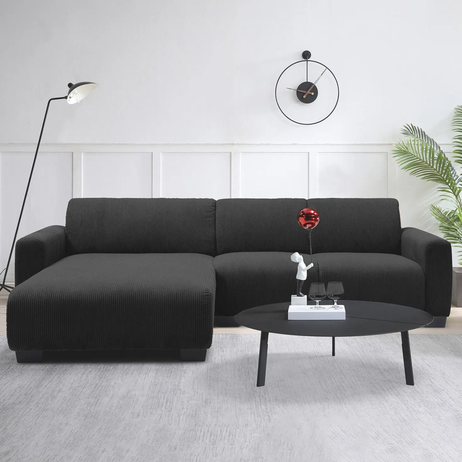 Canapé d'angle moderne 287cm Wallis Velours côtelé Noir