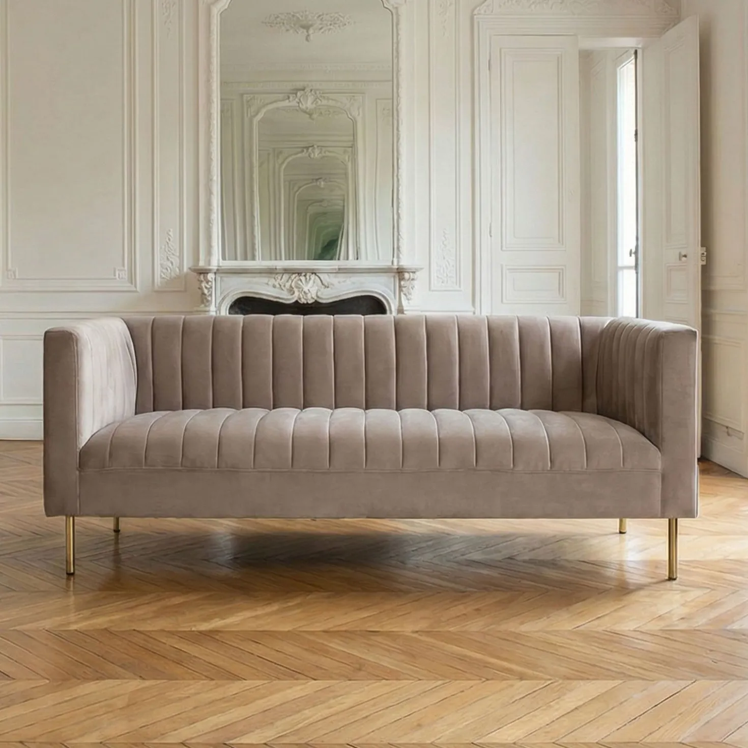 Canapé moderne 3 places à coutures verticales Sacramento Velours Taupe