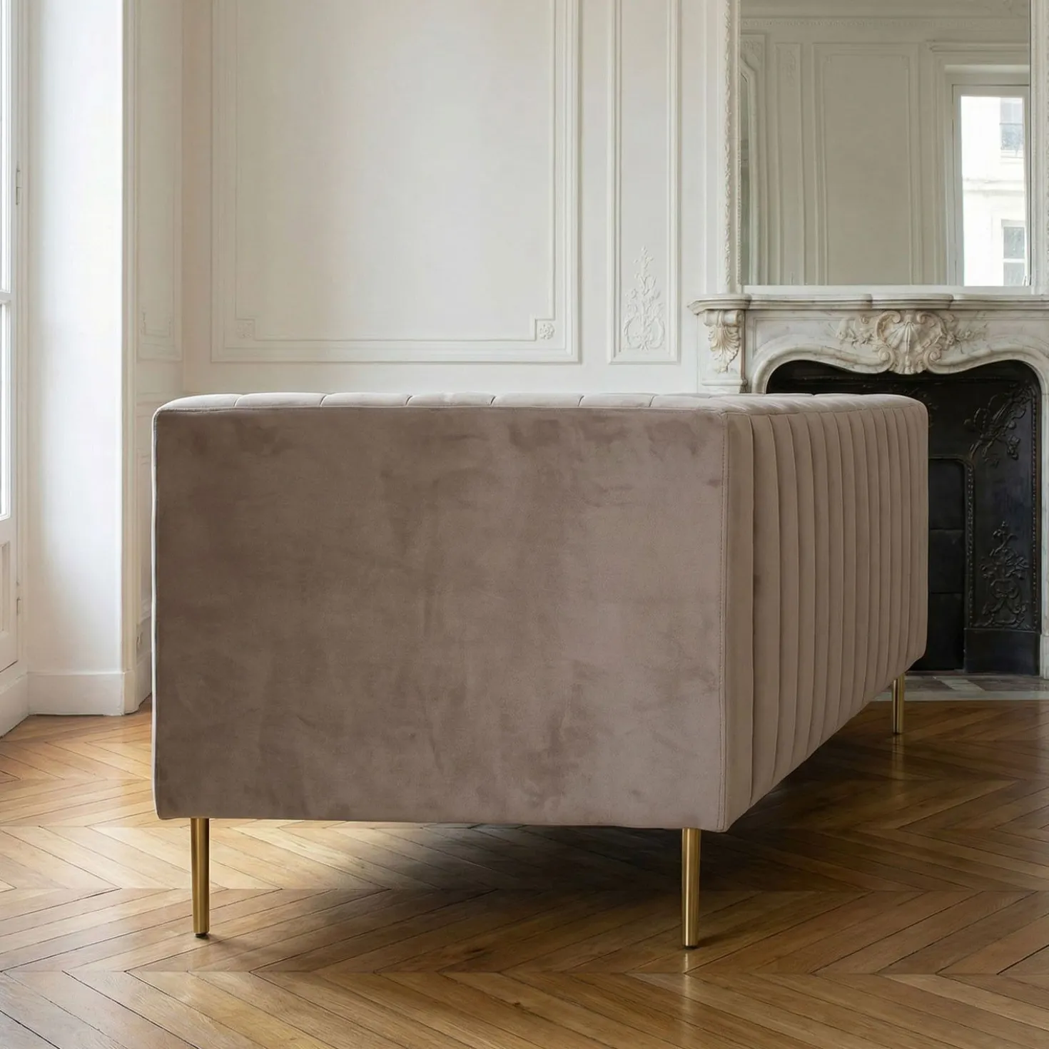 Canapé moderne 3 places à coutures verticales Sacramento Velours Taupe