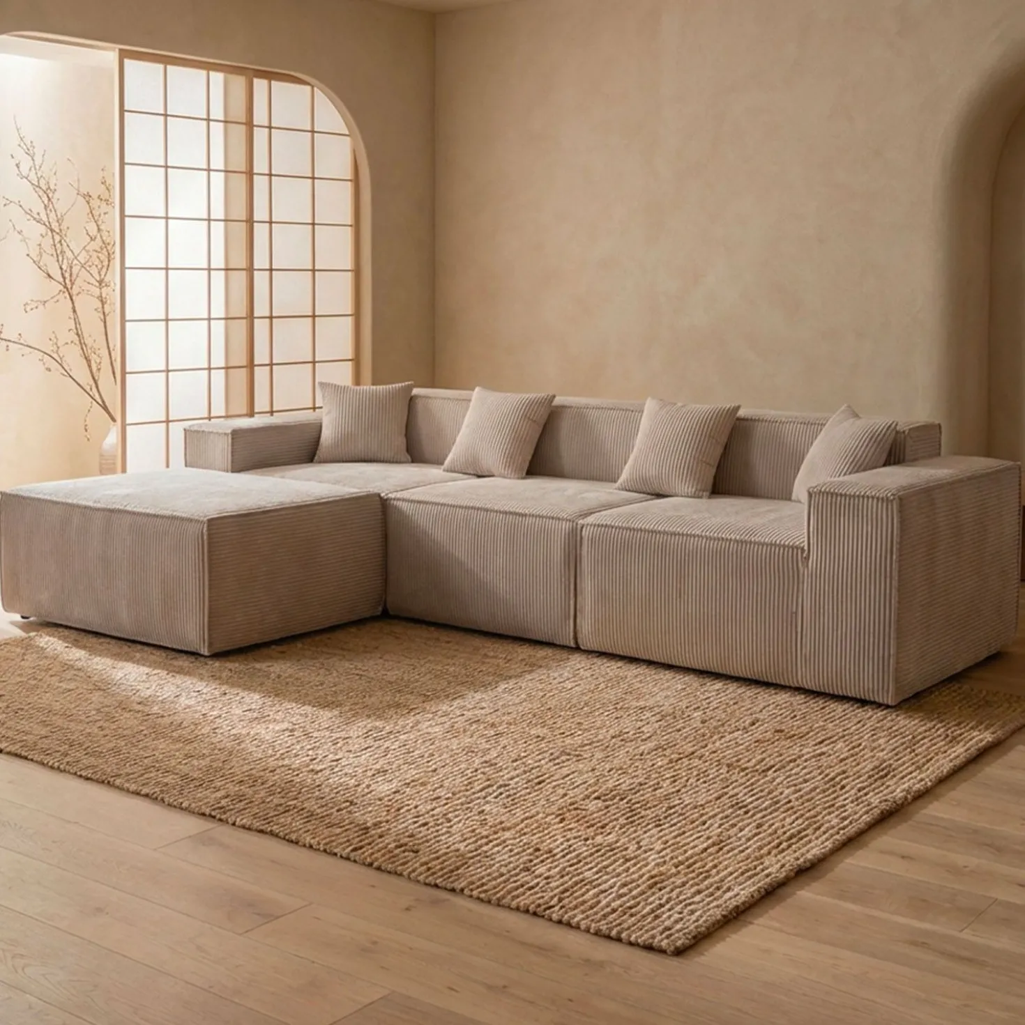 Canapé modulable en angle avec pouf Archiduc Velours côtelé Taupe