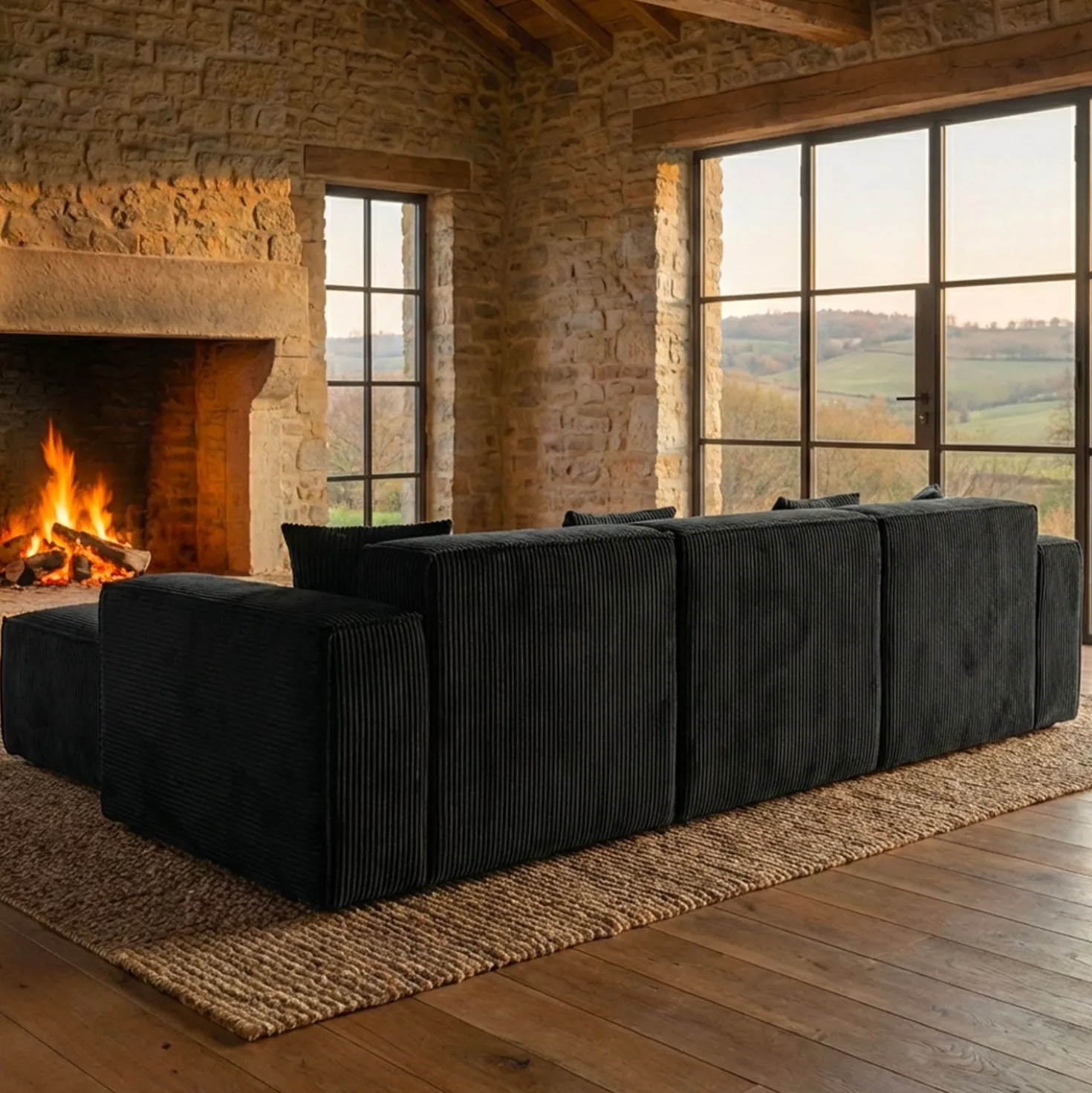 Canapé modulable en angle avec pouf Archiduc Velours Noir
