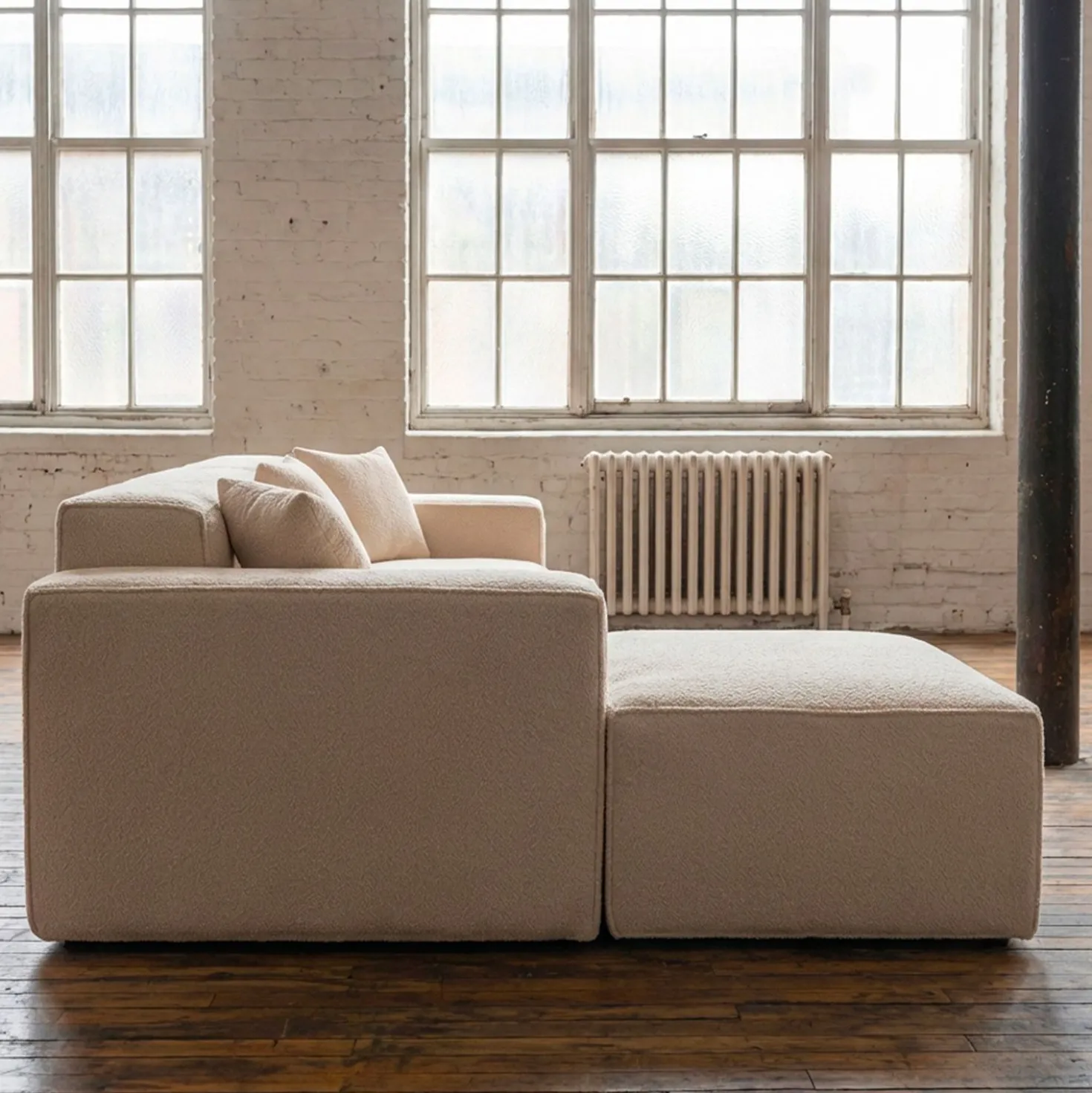 Canapé modulable en angle avec pouf Archiduc Tissu bouclette beige