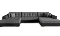 Canapé panoramique d'angle convertible Vento Simili Noir et Tissu Gris Foncé