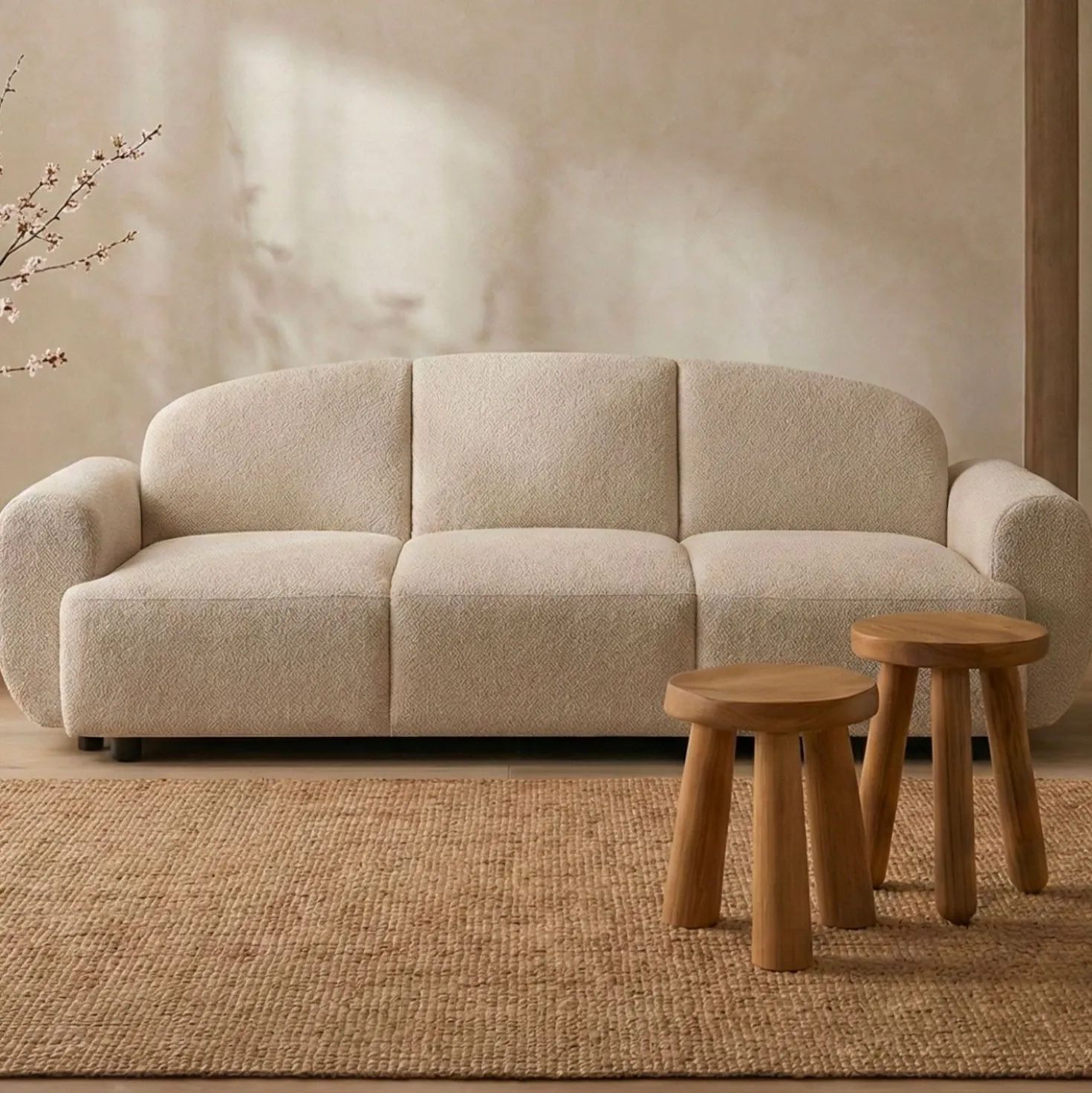 Canapé 3 places convertible dossier et accoudoirs arrondis Oliver Tissu texturé Beige