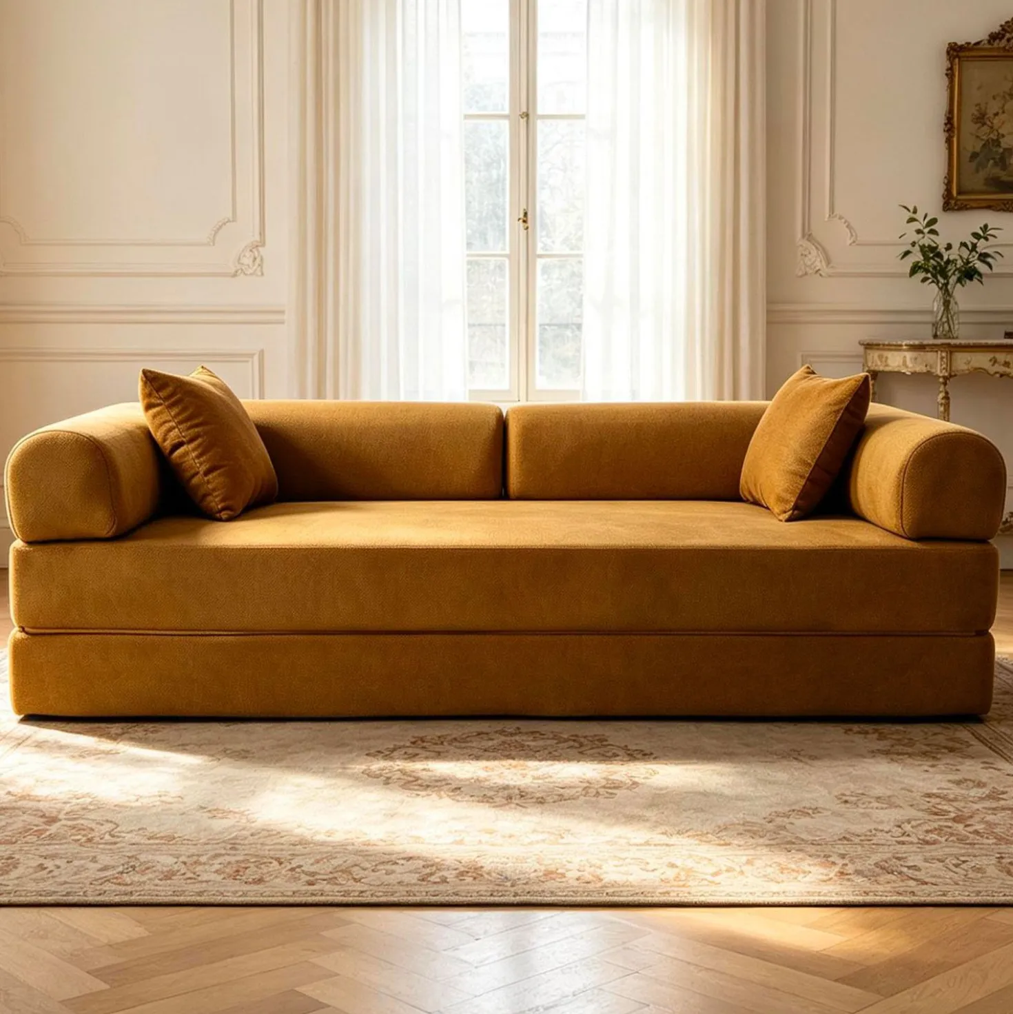 Canapé 3 places convertible et modulable Bergerac Tissu doux texturé Ocre doré
